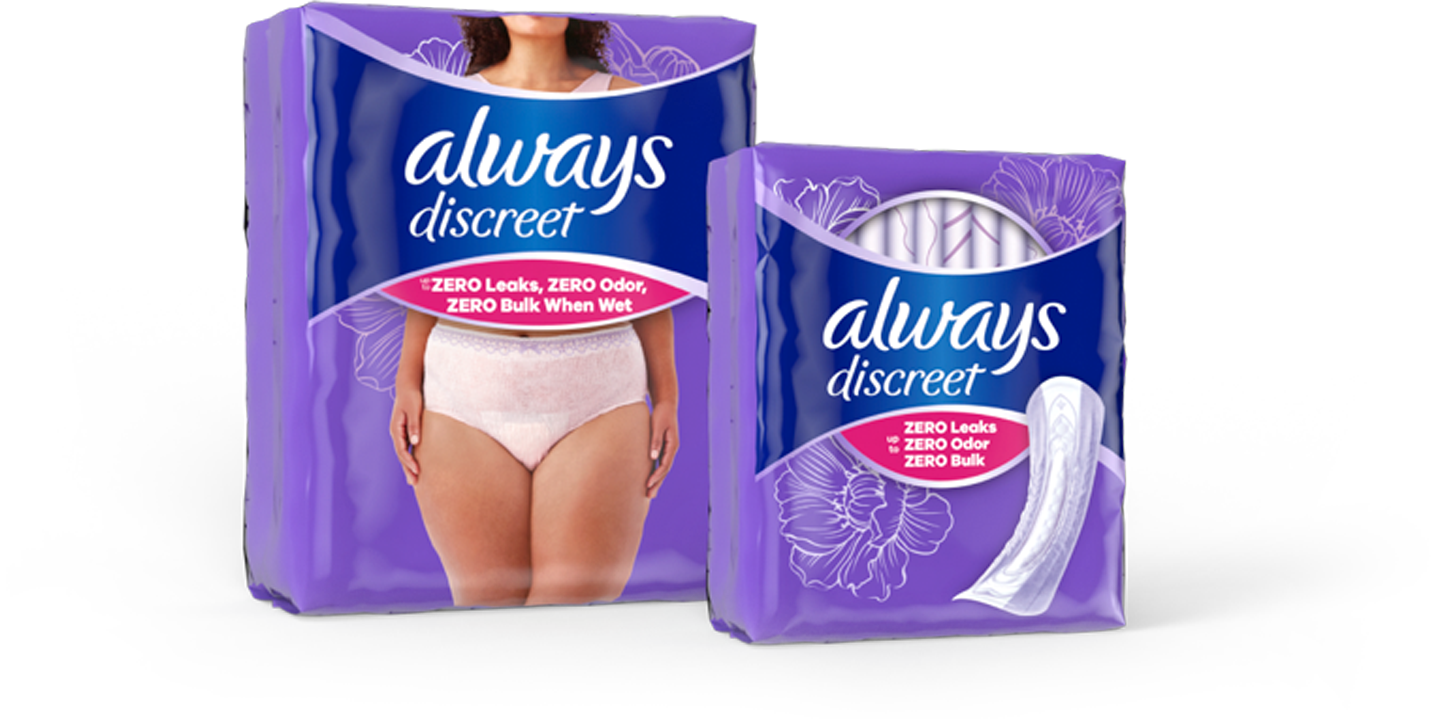 Packages of Always Discreet underwear and bladder leak pads